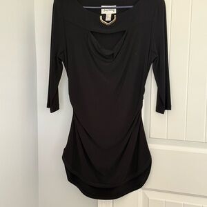 Joseph Ribkoff Black Draped Cowl-Neck 3/4 Sleeve Tunic with Metal Accent
